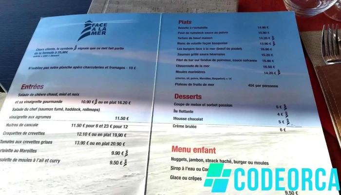 Face A La Mer Menu - Gravelines